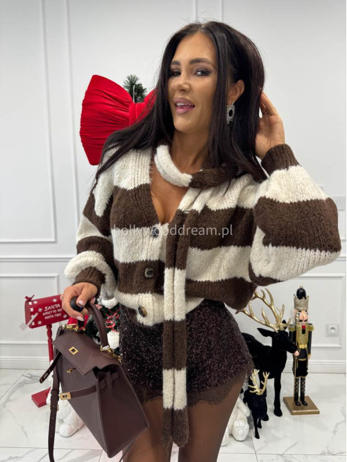 Biało-brązowy sweter oversize w paski zapinany na guziki + szal MERVE 94 - photo #3