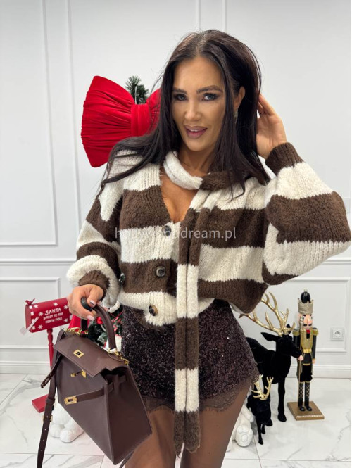 Biało-brązowy sweter oversize w paski zapinany na guziki + szal MERVE 94 - photo #4