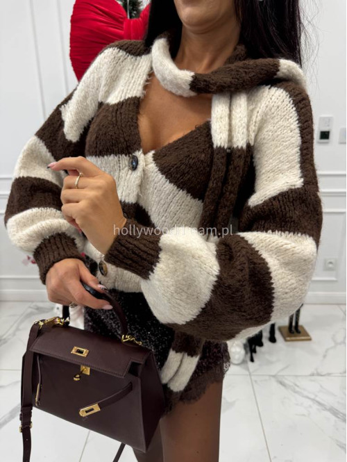 Biało-brązowy sweter oversize w paski zapinany na guziki + szal MERVE 94 - photo #5