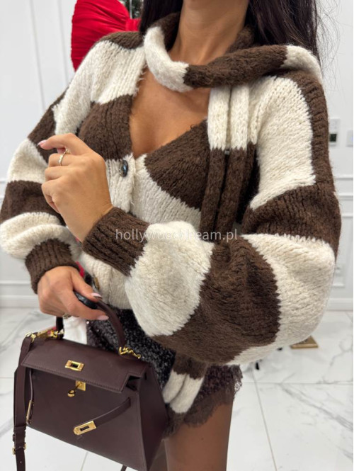 Biało-brązowy sweter oversize w paski zapinany na guziki + szal MERVE 94 - photo #6