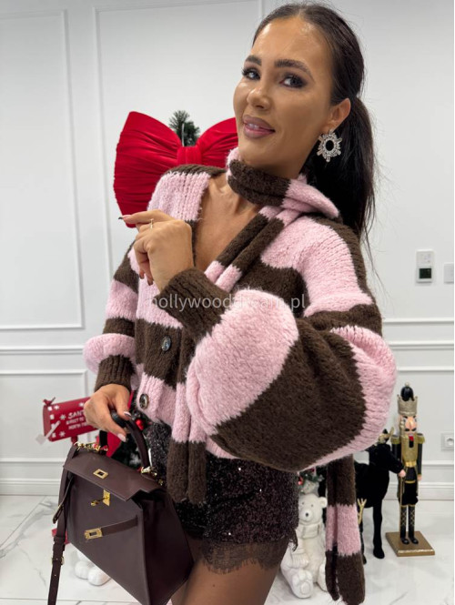 Różowo-brązowy sweter oversize w paski zapinany na guziki + szal MERVE 94 - photo #1