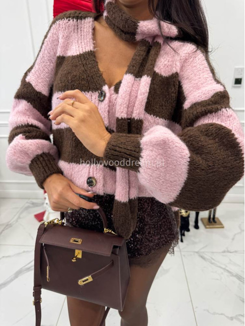Różowo-brązowy sweter oversize w paski zapinany na guziki + szal MERVE 94 - photo #2