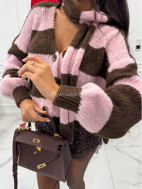 Różowo-brązowy sweter oversize w paski zapinany na guziki + szal MERVE 94 - photo #3