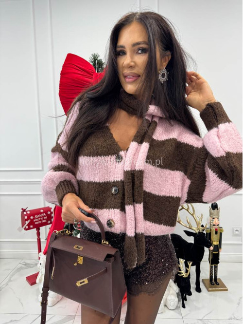 Różowo-brązowy sweter oversize w paski zapinany na guziki + szal MERVE 94 - photo #4