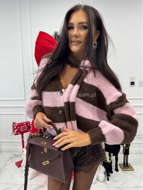 Różowo-brązowy sweter oversize w paski zapinany na guziki + szal MERVE 94 - photo #5