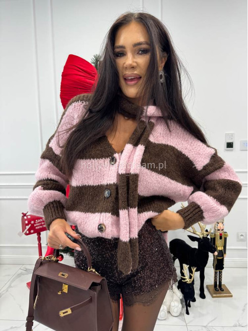 Różowo-brązowy sweter oversize w paski zapinany na guziki + szal MERVE 94 - photo #6