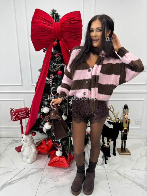 Różowo-brązowy sweter oversize w paski zapinany na guziki + szal MERVE 94 - photo #7