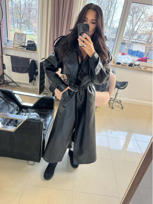 Czarny płaszcz długi skórzany z paskiem OLEK 25 - photo #16