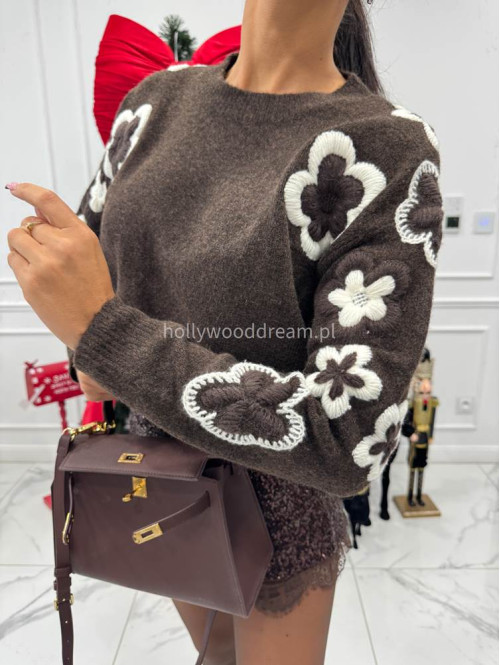Brązowy sweter z haftem kwiatów OLIVIER 94 - photo #6