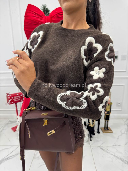 Brązowy sweter z haftem kwiatów OLIVIER 94 - photo #7