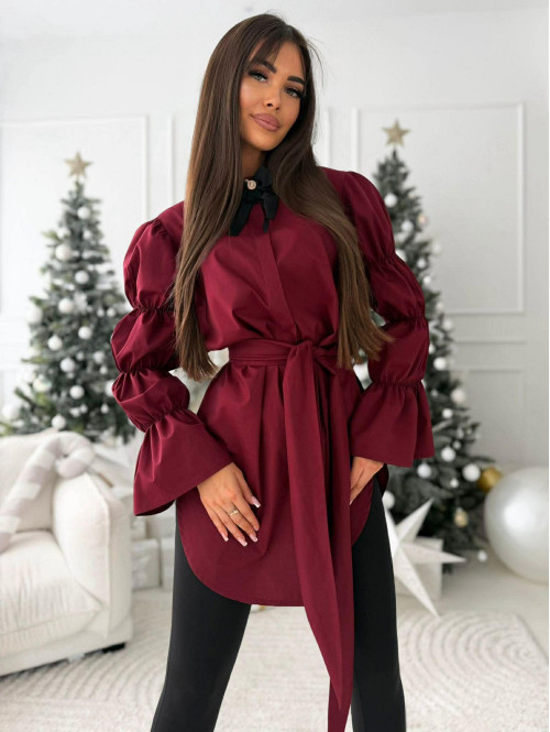 Bordowa elegancka długa koszula z broszką Irmina 173