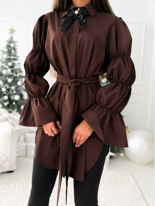 Brązowa elegancka długa koszula z broszką Irmina 173 - photo #18