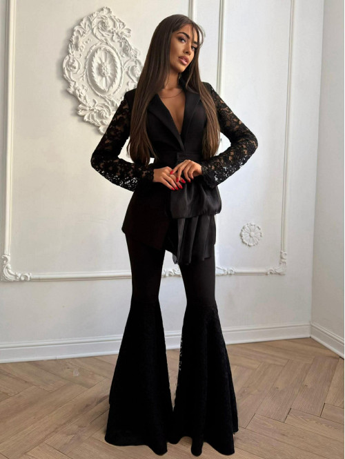 Czarne spodnie eleganckie zakończone koronką na nogawkach Melania 173 - photo #1