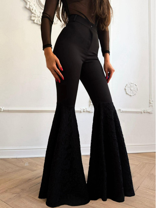 Czarne spodnie eleganckie zakończone koronką na nogawkach Melania 173 - photo #2