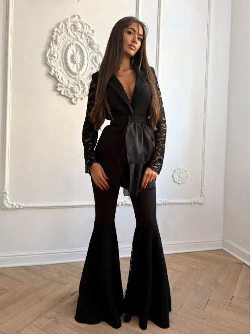 Czarne spodnie eleganckie zakończone koronką na nogawkach Melania 173 - photo #5