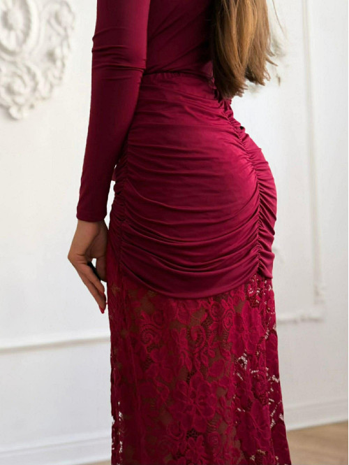 Bordowy komplet body z dekoltem V + spódnica maxi z koronką OMER 173 - photo #9