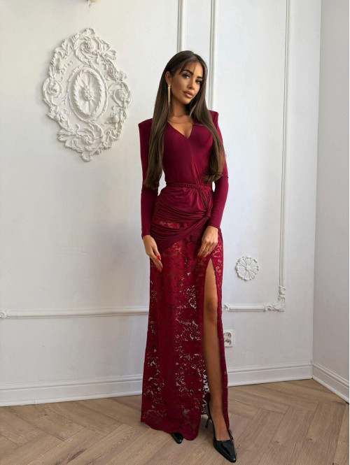 Bordowy komplet body z dekoltem V + spódnica maxi z koronką OMER 173 - photo #10