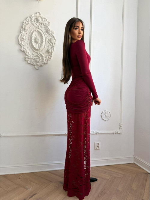 Bordowy komplet body z dekoltem V + spódnica maxi z koronką OMER 173 - photo #11