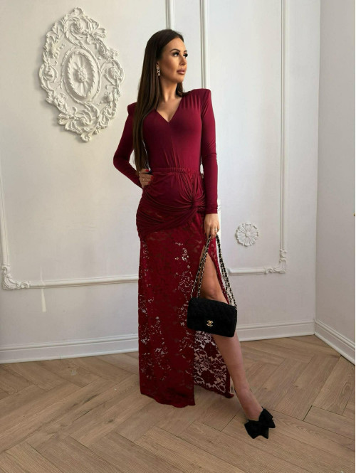 Bordowy komplet body z dekoltem V + spódnica maxi z koronką OMER 173 - photo #13