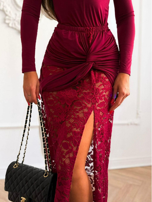 Bordowy komplet body z dekoltem V + spódnica maxi z koronką OMER 173 - photo #15