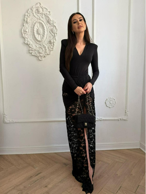 Czarny komplet body z dekoltem V + spódnica maxi z koronką OMER 173 - photo #12