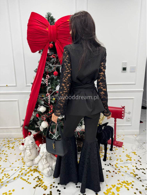 Czarna marynarka z koronkowymi rękawami i eleganckim żabotem Miranda 173 - photo #4