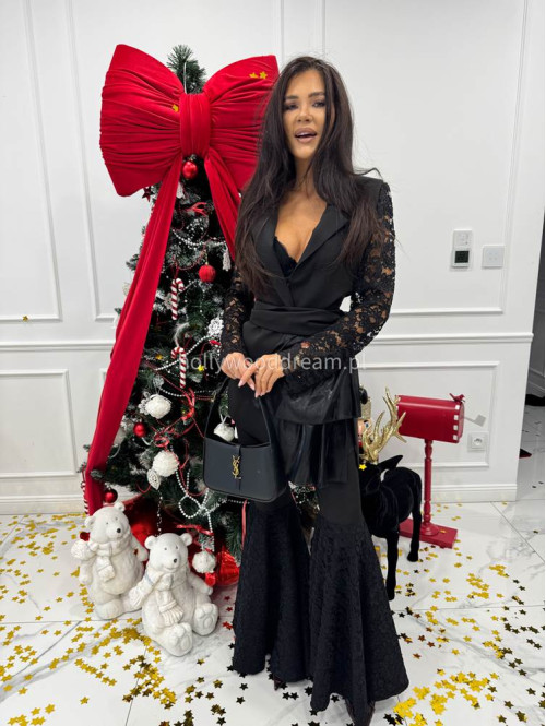 Czarna marynarka z koronkowymi rękawami i eleganckim żabotem Miranda 173 - photo #5