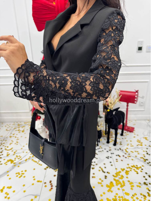 Czarna marynarka z koronkowymi rękawami i eleganckim żabotem Miranda 173 - photo #8