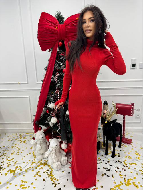 Czerwona sukienka maxi sweterkowa dopasowana z golfem JAMILA 171