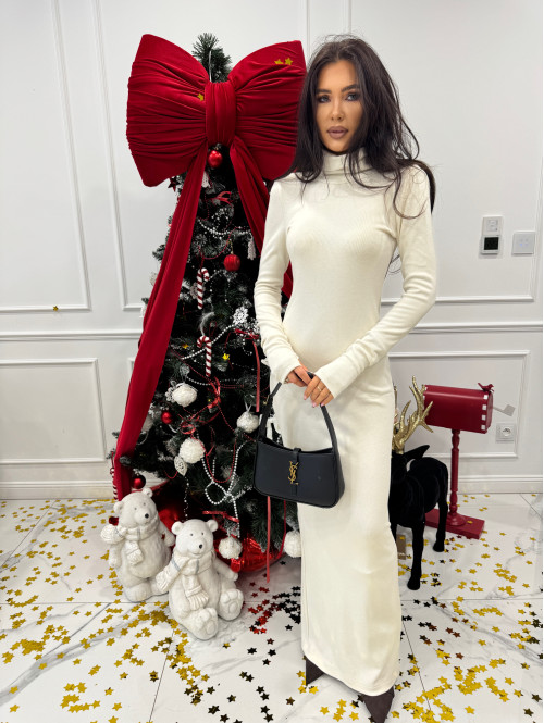 Ecru sukienka maxi sweterkowa dopasowana z golfem JAMILA 171