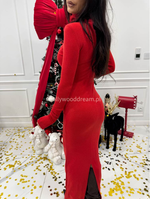 Czerwona sukienka maxi sweterkowa dopasowana z golfem JAMILA 171 - photo #1