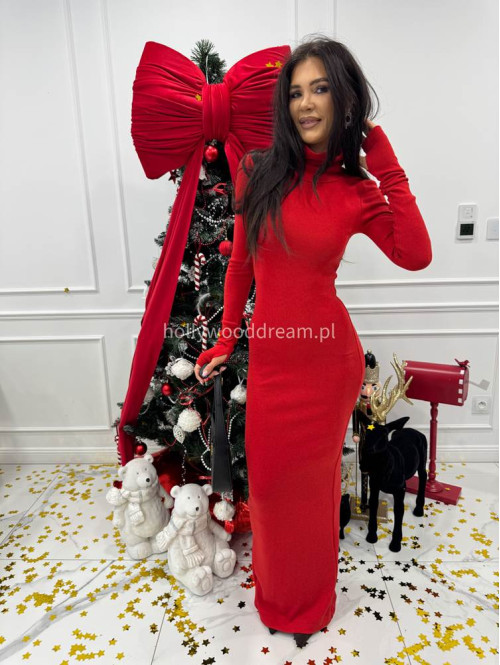 Czerwona sukienka maxi sweterkowa dopasowana z golfem JAMILA 171 - photo #6