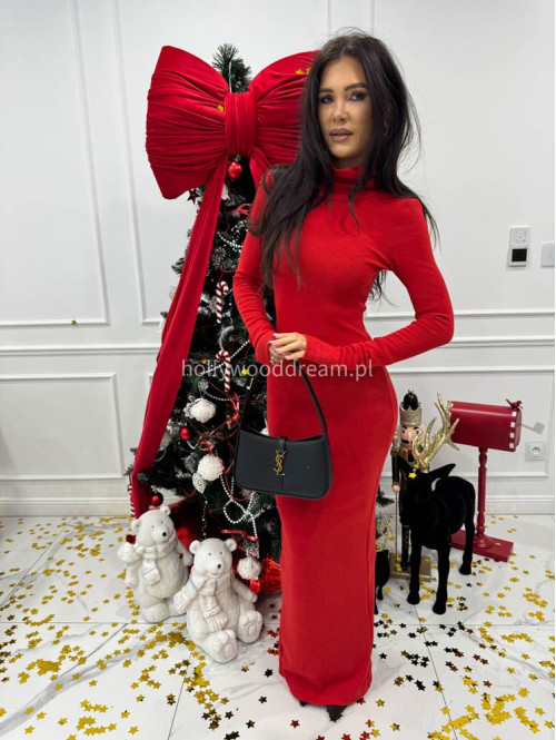 Czerwona sukienka maxi sweterkowa dopasowana z golfem JAMILA 171 - photo #7