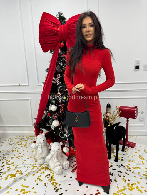 Czerwona sukienka maxi sweterkowa dopasowana z golfem JAMILA 171 - photo #8