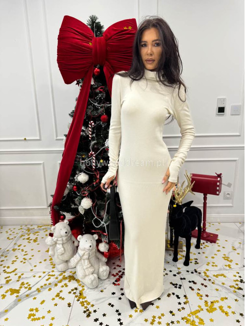 Ecru sukienka maxi sweterkowa dopasowana z golfem JAMILA 171 - photo #1