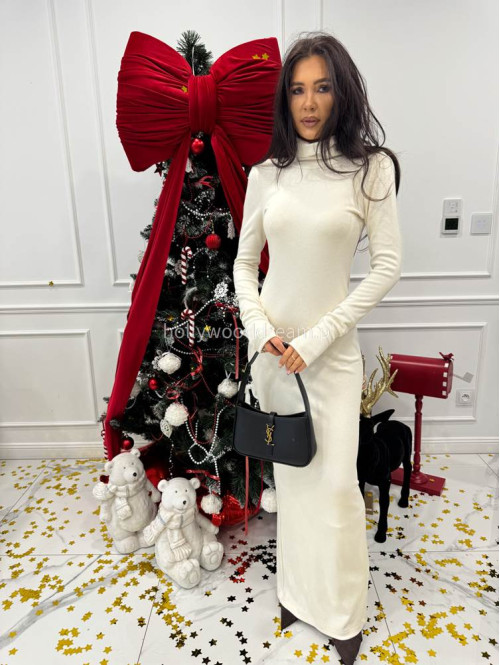 Ecru sukienka maxi sweterkowa dopasowana z golfem JAMILA 171 - photo #2