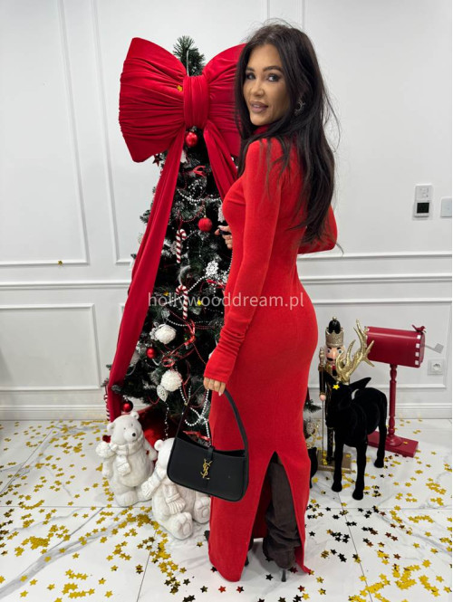 Czerwona sukienka maxi sweterkowa dopasowana z golfem JAMILA 171 - photo #9