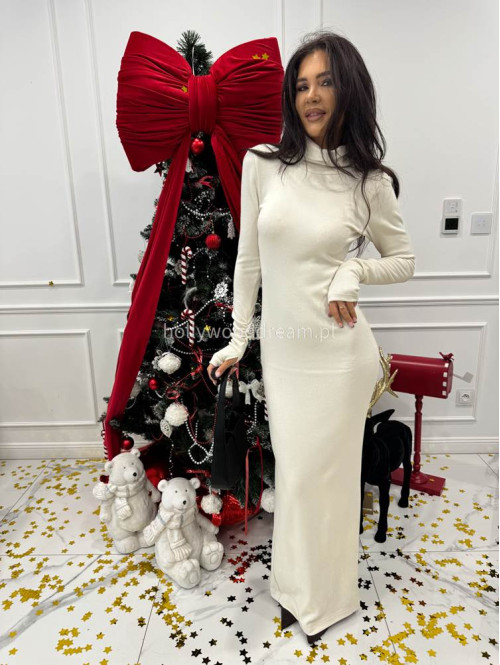 Ecru sukienka maxi sweterkowa dopasowana z golfem JAMILA 171 - photo #3