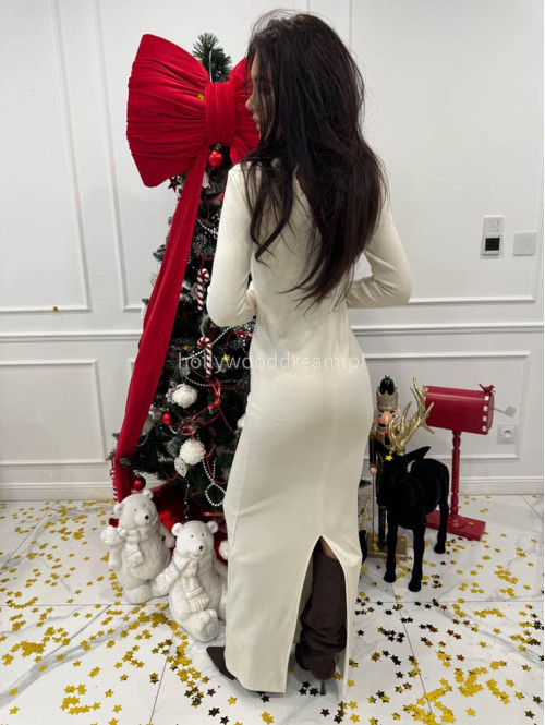 Ecru sukienka maxi sweterkowa dopasowana z golfem JAMILA 171 - photo #4