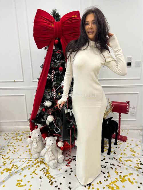 Ecru sukienka maxi sweterkowa dopasowana z golfem JAMILA 171 - photo #5