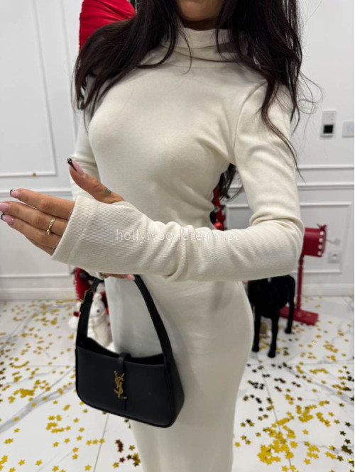 Ecru sukienka maxi sweterkowa dopasowana z golfem JAMILA 171 - photo #6