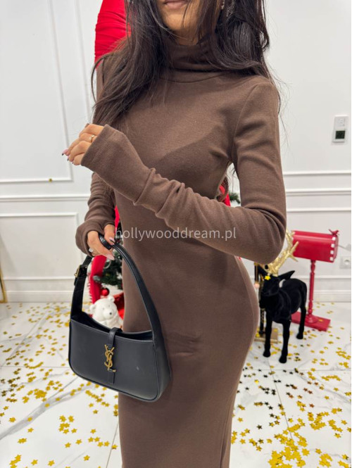 Brązowa sukienka maxi sweterkowa dopasowana z golfem JAMILA 171 - photo #1