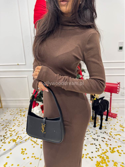 Brązowa sukienka maxi sweterkowa dopasowana z golfem JAMILA 171 - photo #2