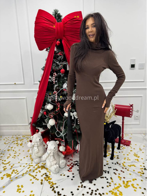 Brązowa sukienka maxi sweterkowa dopasowana z golfem JAMILA 171 - photo #4