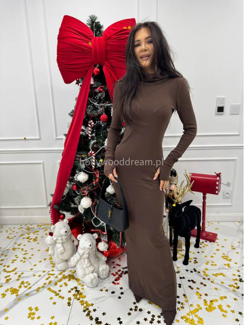 Brązowa sukienka maxi sweterkowa dopasowana z golfem JAMILA 171 - photo #5
