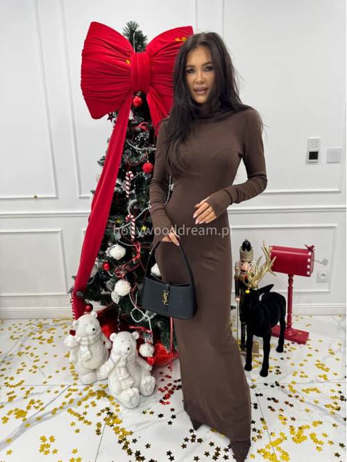 Brązowa sukienka maxi sweterkowa dopasowana z golfem JAMILA 171 - photo #6