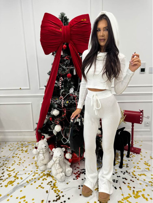 Biały komplet sweterkowy bluzka z kapturem + spodnie Berton 173 - photo #1