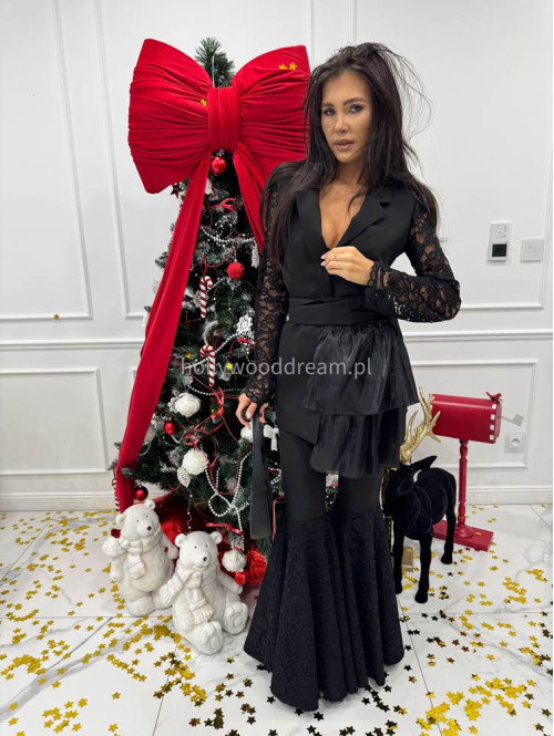 Czarne spodnie eleganckie zakończone koronką na nogawkach Melania 173 - photo #12