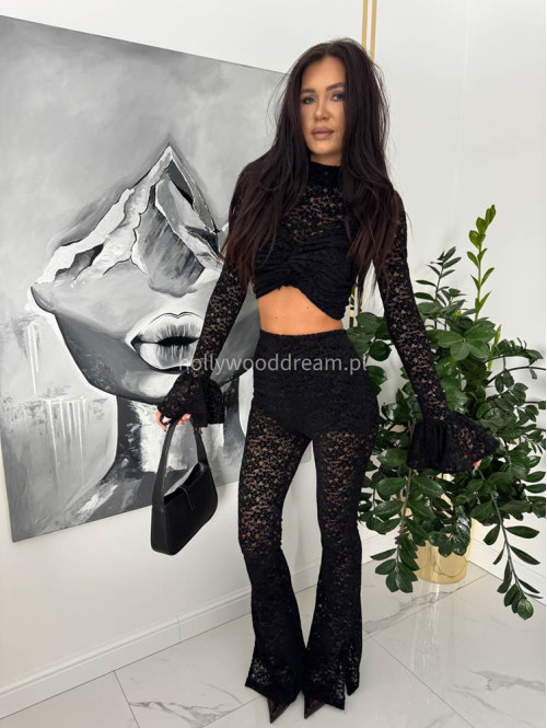 Czarna bluzka koronkowa z rękawem dzwonek i supełkiem Ally 171 - photo #3