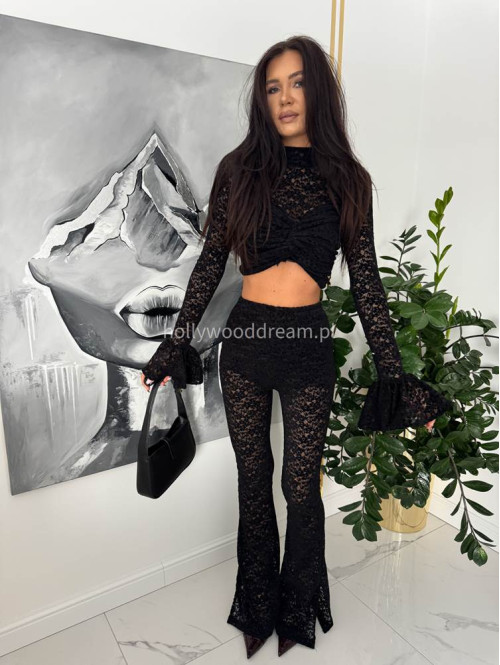 Czarna bluzka koronkowa z rękawem dzwonek i supełkiem Ally 171 - photo #4